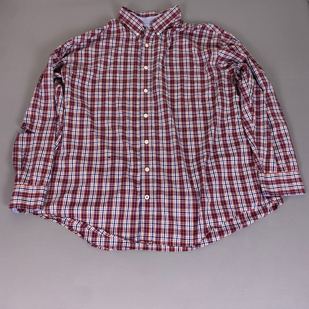 IZOD Button Down Shirt Men's 2XL Plaid Orange‎ Blue Non-Iron Stretch *Flaws*
